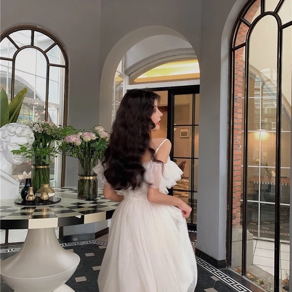 Lace up dress Ruffle off shoulder cream white lace up - Picture 11 of 16